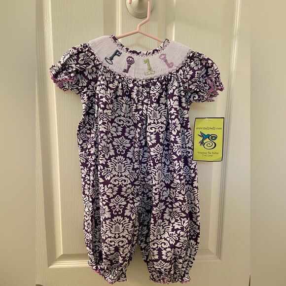 Stellybelly Key Smocked Long Bubble Romper Purple Floral Size 18 Months NWT - Picture 1 of 9